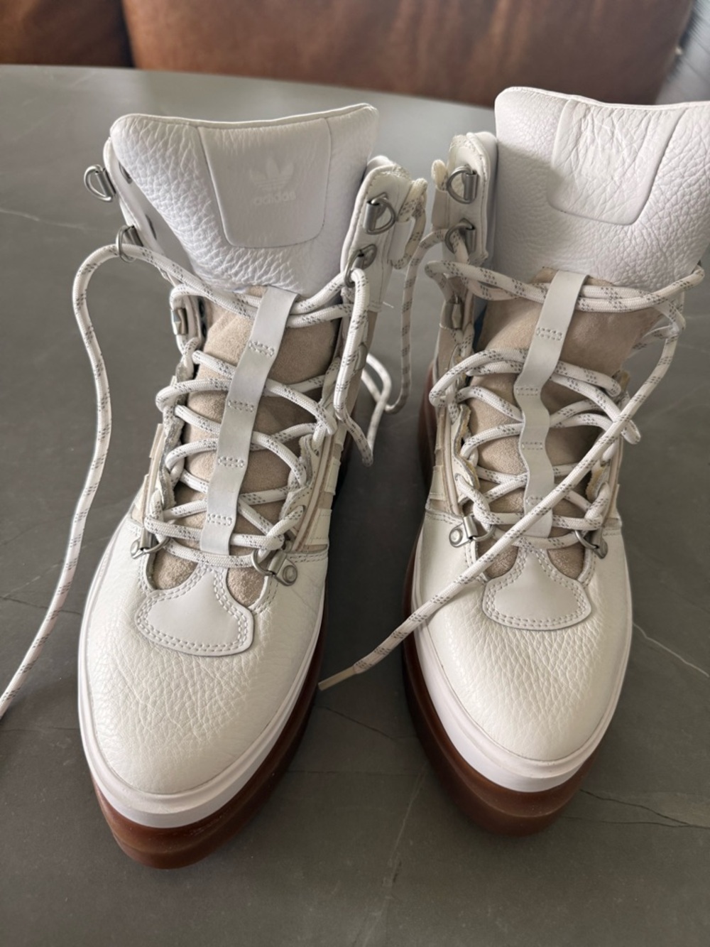 adidas Women’s White Leather Lace-Up Platform Hiking Boots with Brown Sole